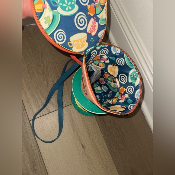 Disney Loungefly Teacup Crossbody Bag in Orange, White, and Teal - Picture 2 of 3